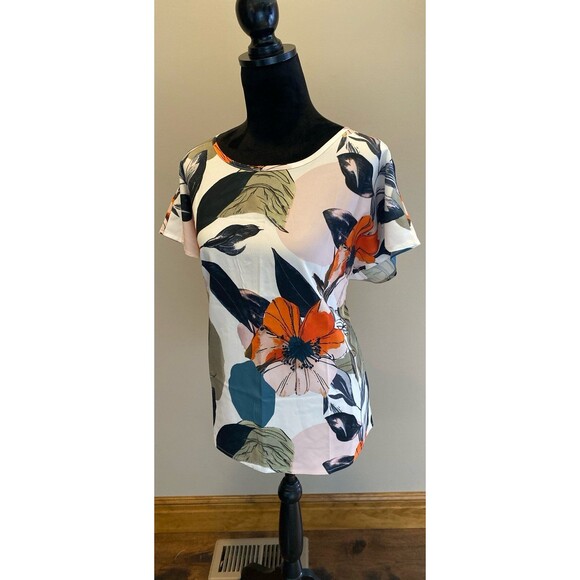 Tropical Floral Blouse Size XL Short Sleeve Green Orange Casual Rounded Neckline - Picture 3 of 9